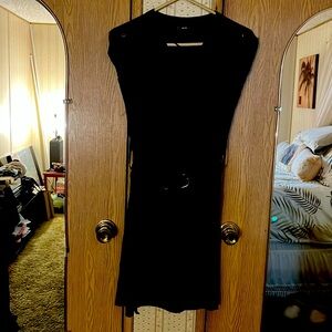 Black dress with stretch belt.